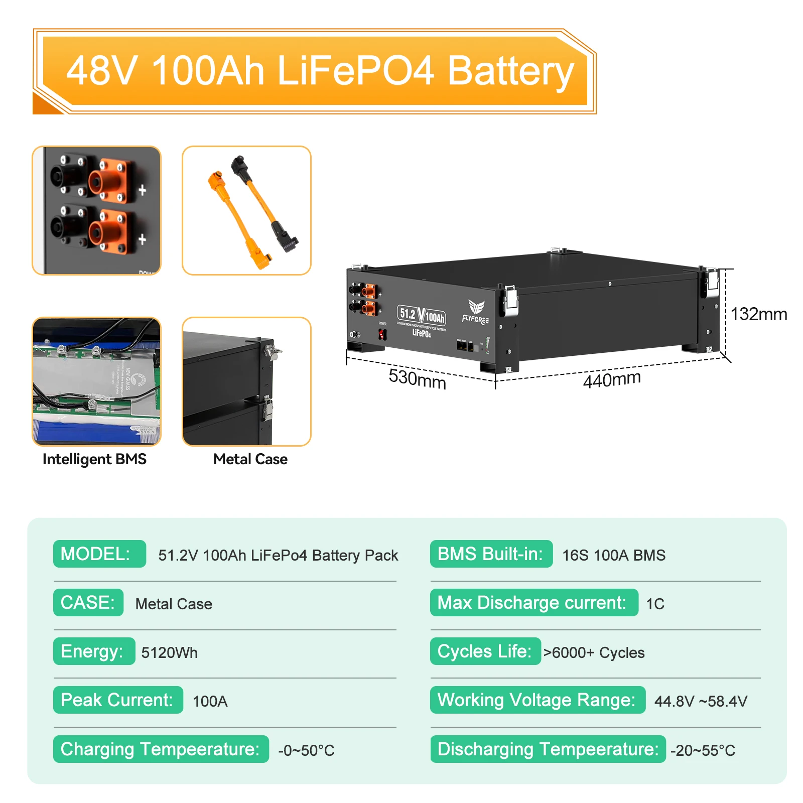 FLLYROWER 48V 100AH LiFePO4 Lithium-Batteriepack 5,12KW 8000+ Zyklen Mit BMS 100A Für Solarpanel Off-Grid Heimspeicher – Detail 4