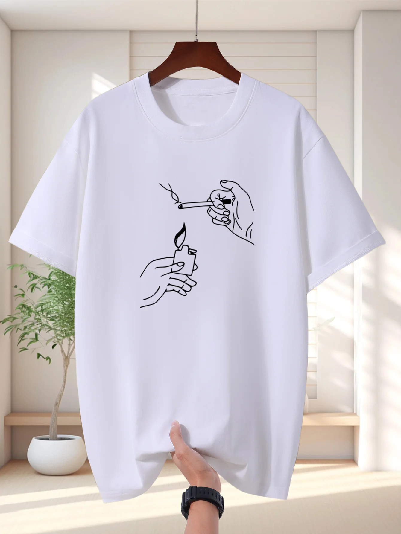 Minimal Line Art Hands Lighter Mens Crew Neck T Shirt Simple Sketch Graphic Short Sleeve Tee Streetwear Casual Male Street Tops