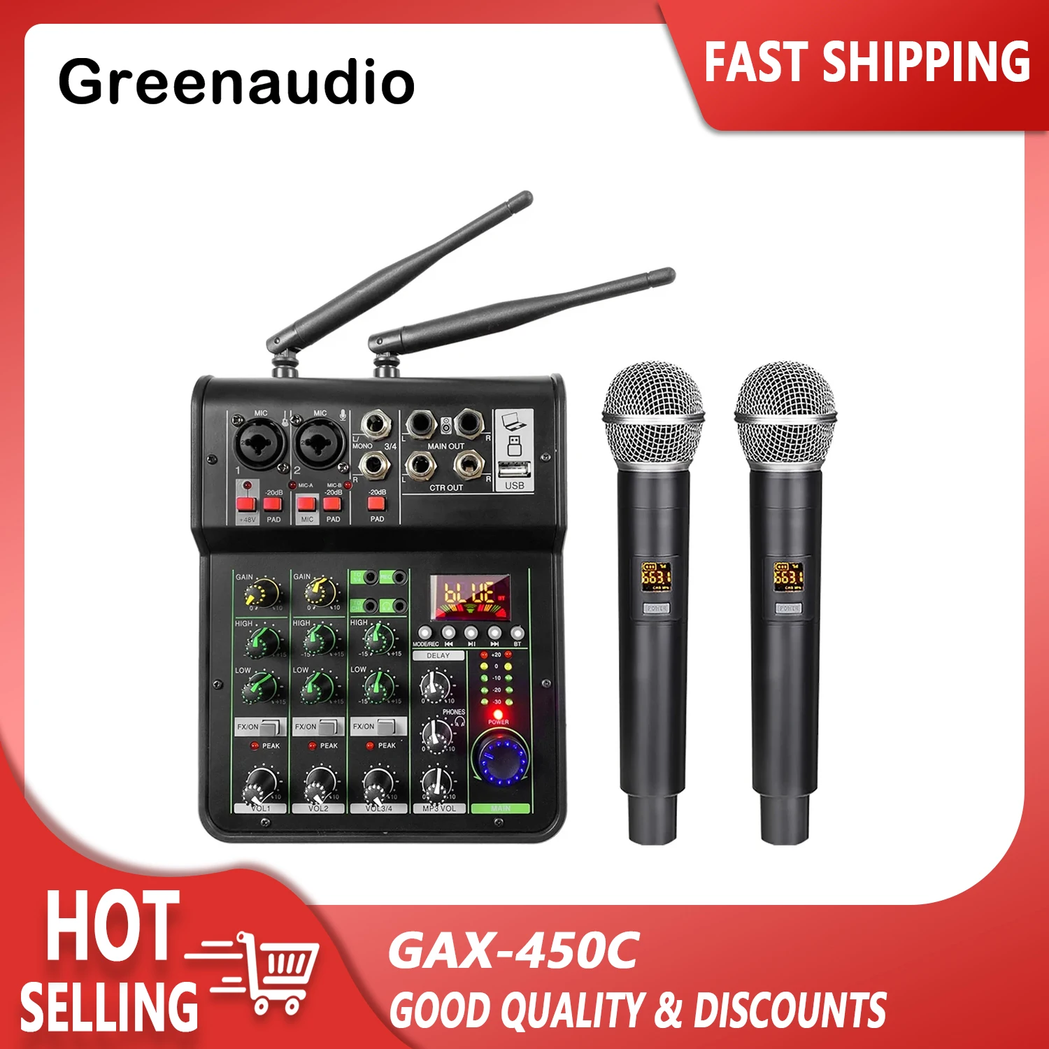 

GAX-450C Audio Mixing with UHF Wireless Microphone 4 Channel Stereo Mixer Console BT USB for DJ Karaoke PC Record