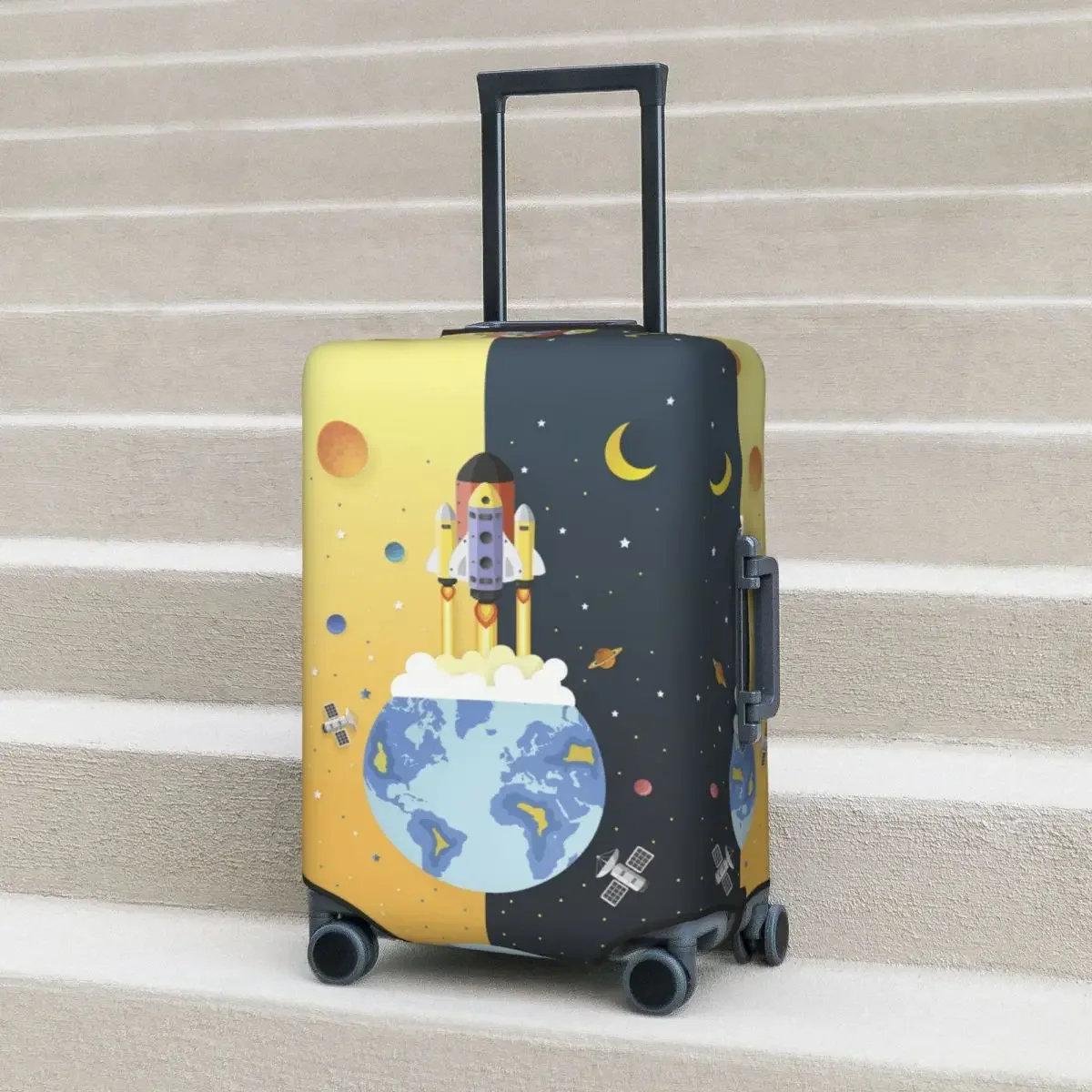 Rocket Flying On Earth Suitcase Cover Paper Art Strectch Travel Protection Luggage Supplies Vacation