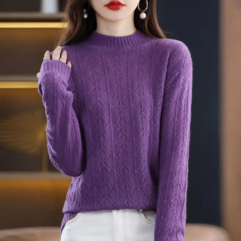 2024 New Fashion 100% Merino Wool Sweater Cashmere Pullover Turtleneck Long Sleeve Women Knitwear Autumn Winter Clothing Tops