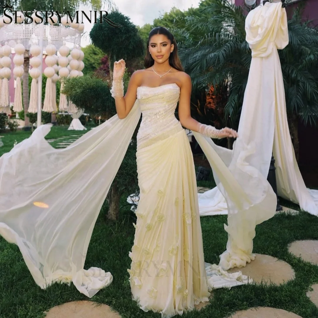 SESSRYMNIR Women'S Formal Evening Gowns Customize Evening Dresses Strapless Floor-Length Tulle A-Line Ruffles Elegant Party Dres