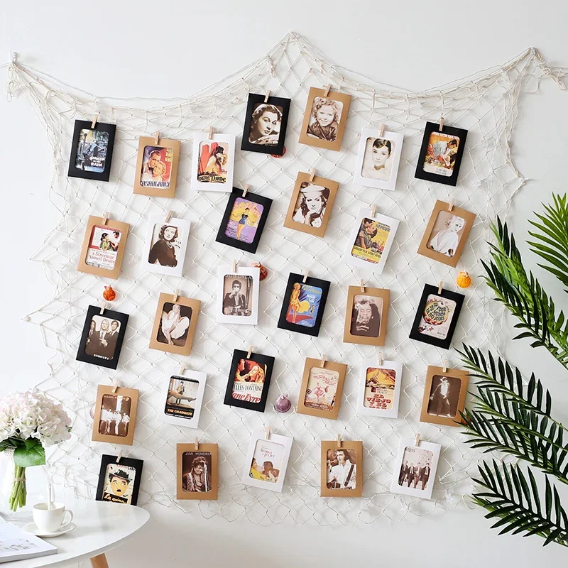 Photo Hanging Display Frames Coastal Decorative Nautical Fish Net with Sea Shells and Clips for Dorm Home Wall Party Decorations