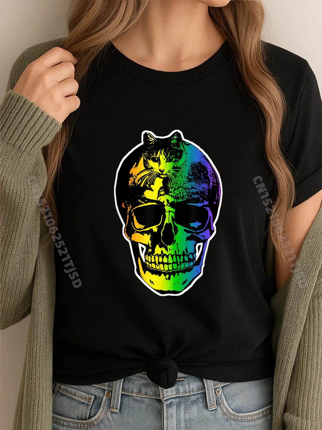 

Cat Skull Rainbow Kitty Skeleton Halloween Costume Skull Cat Luxury Designer Camiseta Slogan