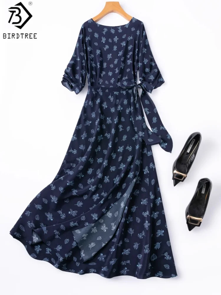 BirdTree, 100% Real Silk Printed Dress, Batwing Sleeve Slash Neck, Women's Double Crepe Sash Dresses, 2026 Spring New D63824JF