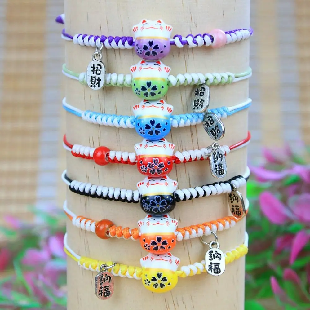 Colgante de gato de cerámica Maneki Neko para mujer, pulsera de mano, cuerda trenzada roja de dos colores, hilo de cera de estilo chino, anillo de mano para amantes