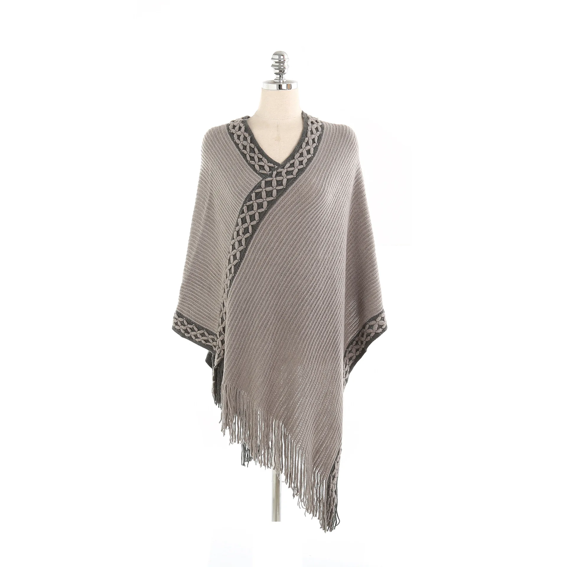 

2022 Spring Autumn Embroidered Neckline Solid Color Imitation Cashmere Warm Pullover Shawl Scarf Cloak Lady Poncho Capes Gray