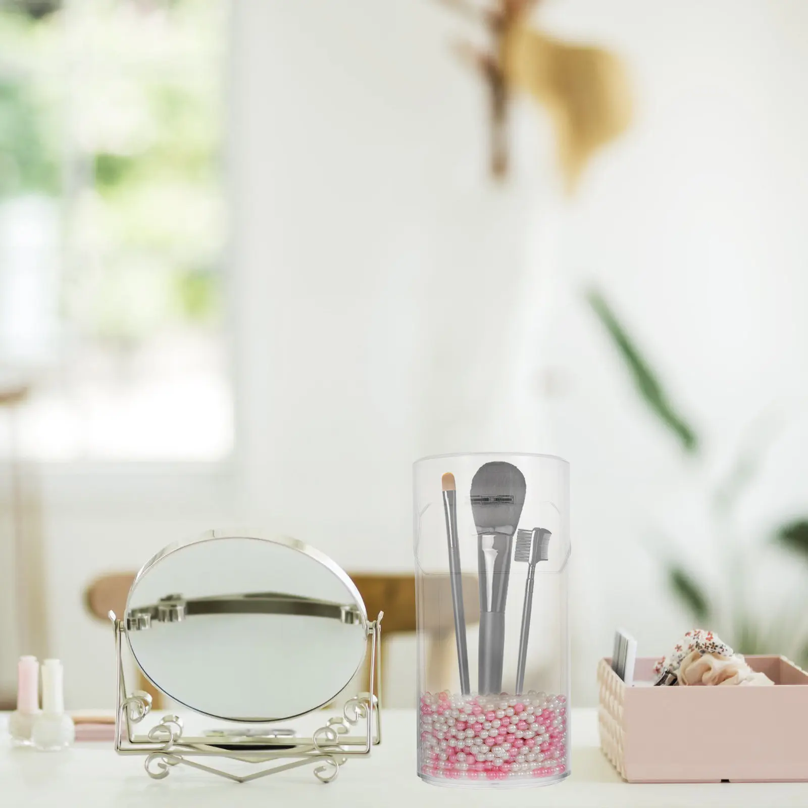 

Элегантный прозрачный органайзер с жемчугом для хранения кистей для макияжа, украшений и принадлежностей для ухода на туалетных столиках