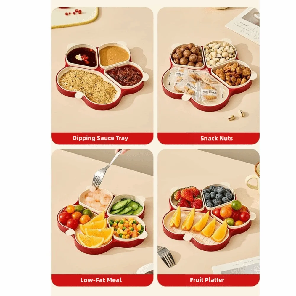 

Plastic Kitchen Preparation Plate Reusable 4 Compartment Dinner Plate Large Capacity with Scoop Holder Spoon Rest Control Diet