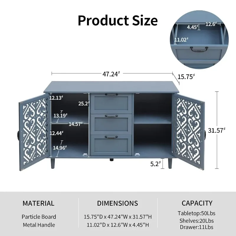 Blue 2 Doors 3 Drawers Buffet Sideboard Cabinet - Accent Cabinet with Adjustable Shelves，47 Inch Wide Wood Storage, Customized