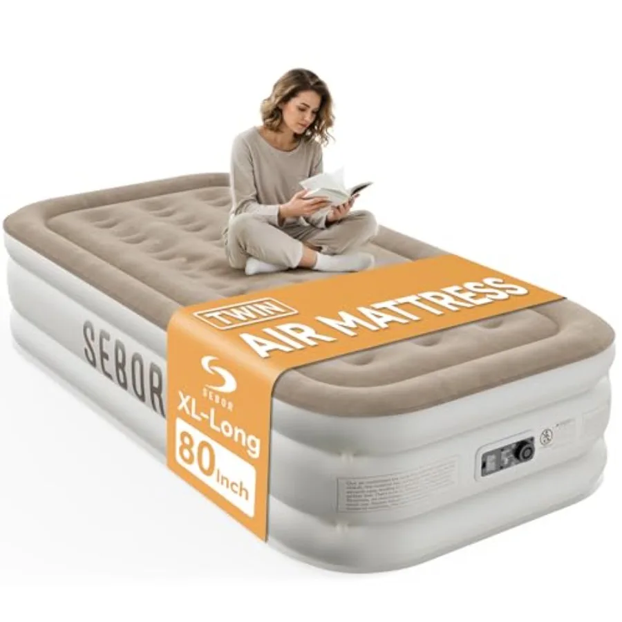Air Mattress with Built-in Pump for Guest and Camping, Durable Khaki White Self-Inflating Blow Up Mattress with High-Speed Pump