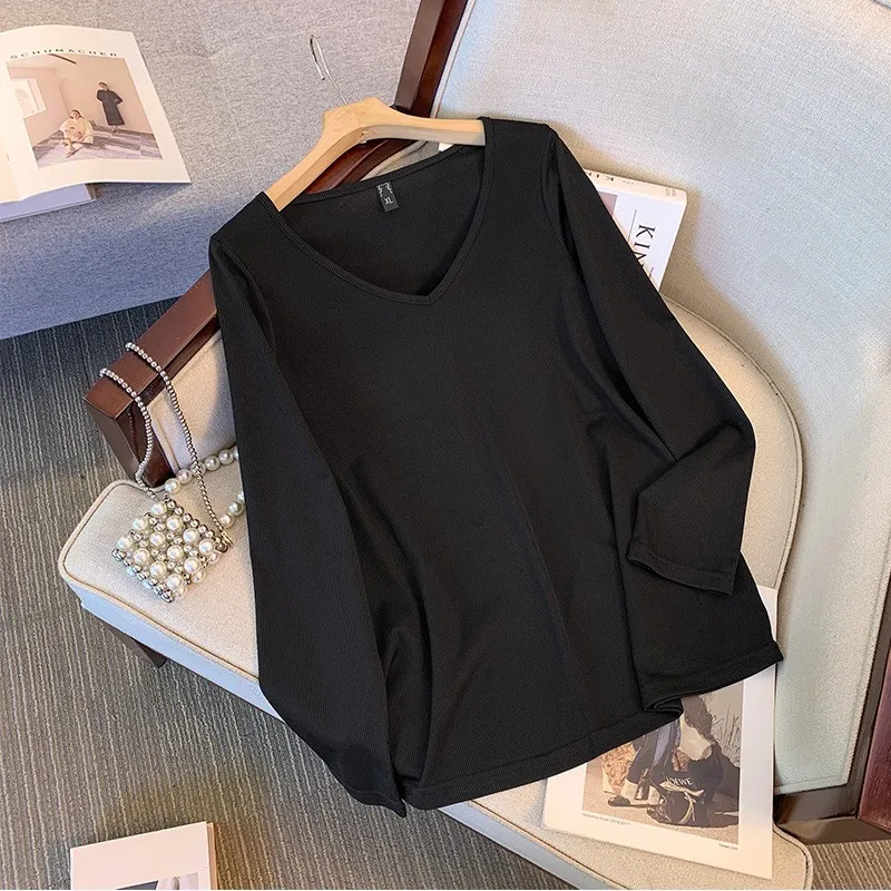 Plus size, versatile base shirt Korean version new slimming V-neck long sleeved T-shirt top 3350