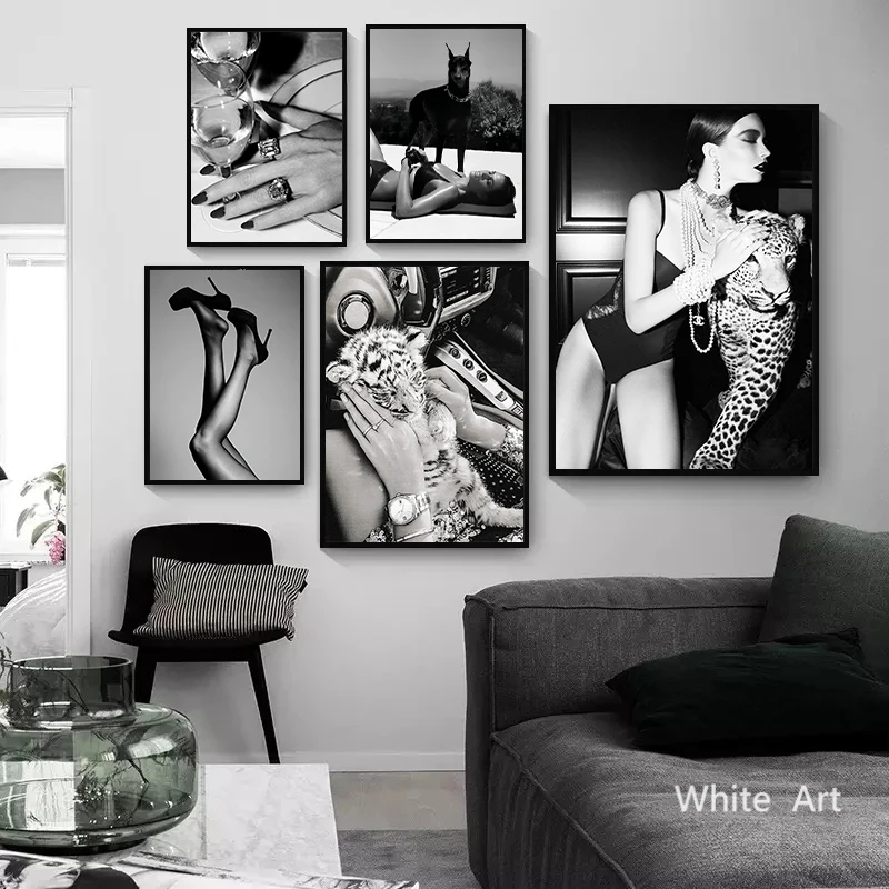 Black White Doberman Dog Tiger Animal Canvas Painting Sexy Female Poster HD Printing Modern Wall Art Pictures Living Room Decor