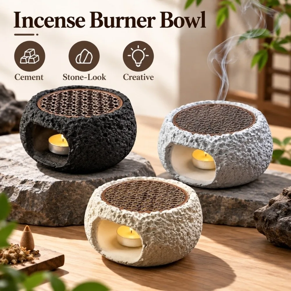 Cement Incense Burner Bowl Stone-Look Creative Tea Stove Sturdy Base Durable Fumigation Furnace Home Decoration