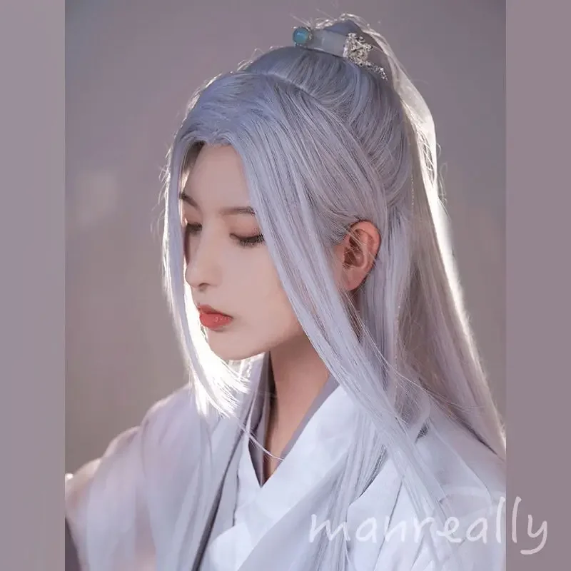 Cosplay Hanfu peruki mężczyźni kobiety chińskie tradycyjne starożytne Hanfu peruka pary Cosplay nakrycia głowy szare białe czarne długie peruki z prostymi włosami