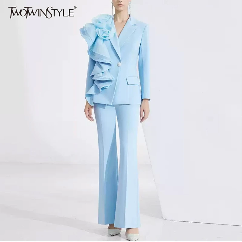 

TWOTWINSTYLE Solid Slimming Spliced AppliqueTwo Piece Set for Women Lapel Long Sleeves Patchwork Fold Top Pants Sets Female New