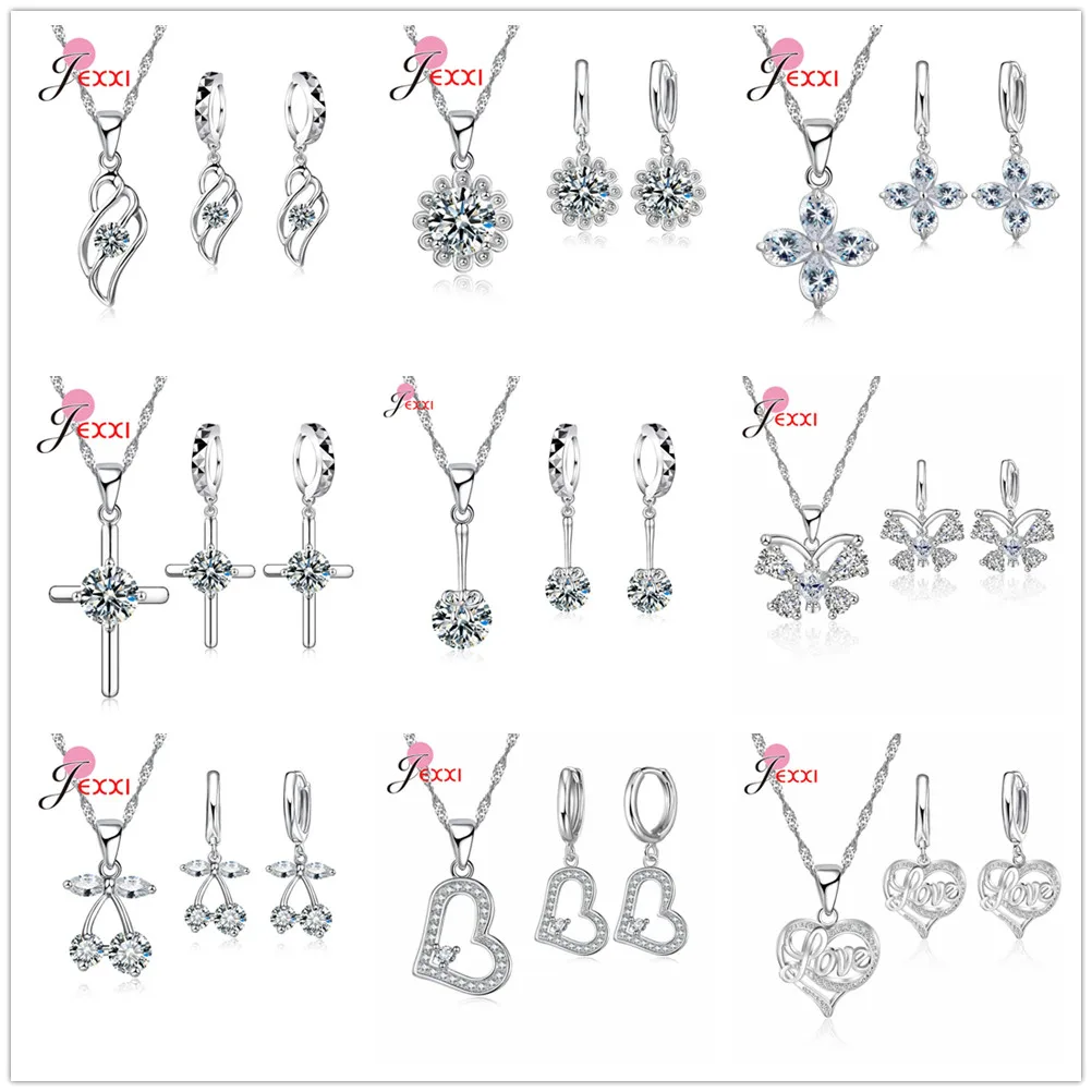 925 Sterling Silver Cubic Zironia Cross Heart Butterfly Pendant Necklace Dangle Earrings Fashion Trendy Jewelry Sets