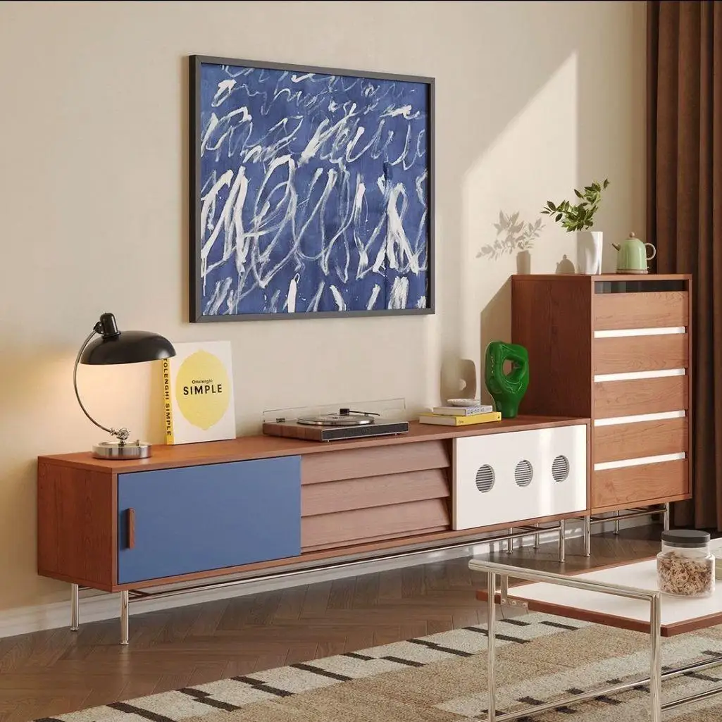 Medieval solid wood TV cabinet household small apartment Bauhaus living room locker Memphis color matching retro cabinet