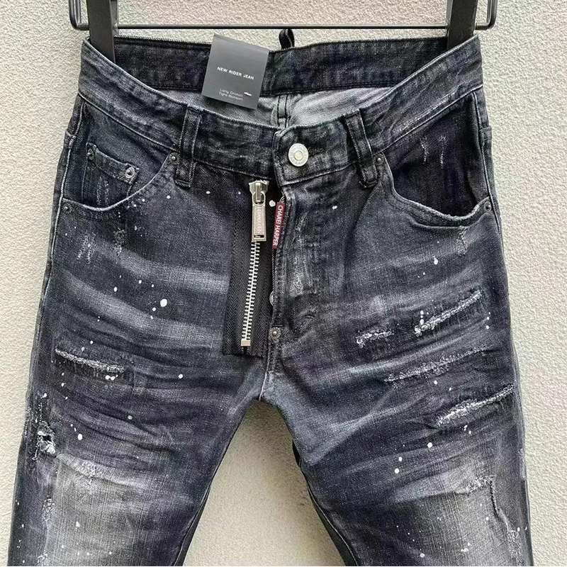 Chareiharper-Jeans de Cintura Média Masculina Ripped, Calças de Pés Slim Trend Paint, adorno suspenso, moda, 100, C051