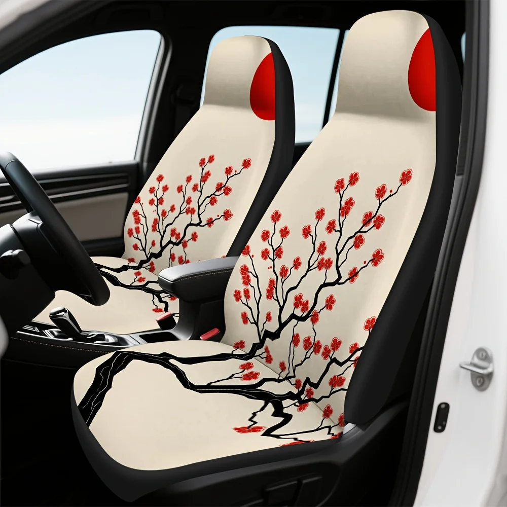 2pcs, Unique Japanese Red Sun Blossom Tree Pattern Car Seat Covers, Durable And Washable, Suitable For Cars, SUVs, And Trucks, I
