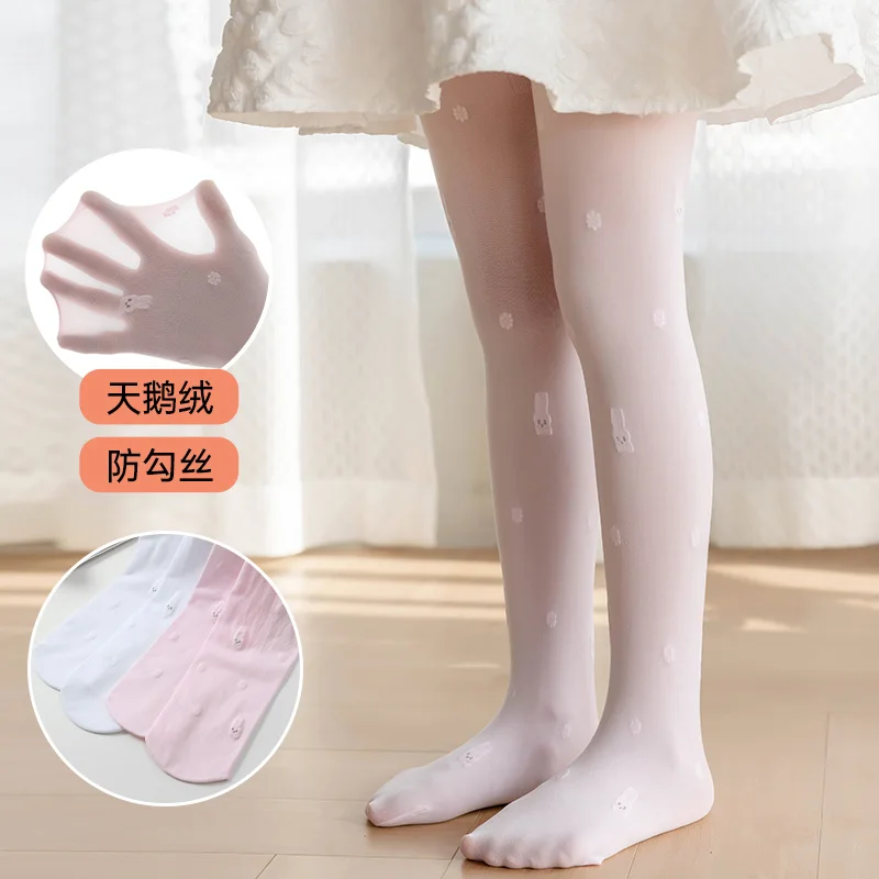 Summer Velvet Anti Hooking Princess Kids Girls Pantyhose Thin Transparent Embroidery Rabbit Flower Breathable Baby Kawaii Tights