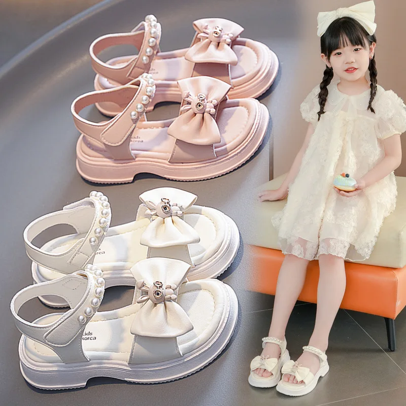 2024 nuevo verano princesa fiesta elegante zapatos de playa moda arco perla niños sandalia para niñas zapatos estudiante sandalias para niños 3-12