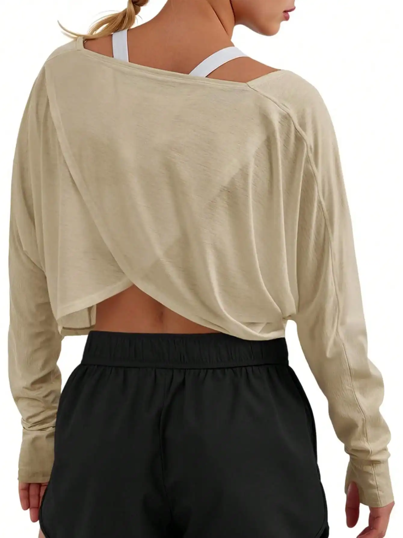 Fisoew Langarm-Trainingsoberteil mit überkreuztem Rücken, kurzes Langarm-Fitnessshirt für Damen mit Daumenlöchern, sportliches Yoga-T-Shirt