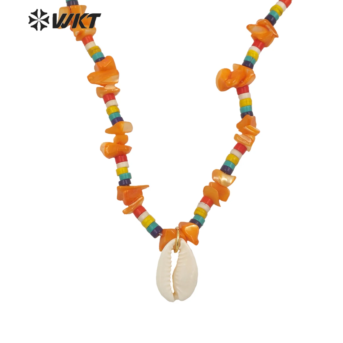 

WT-JN182 Summer Hot sales fashion gold handmade irregular shell beads necklace 16 inch orange color conch cowrie shell necklace