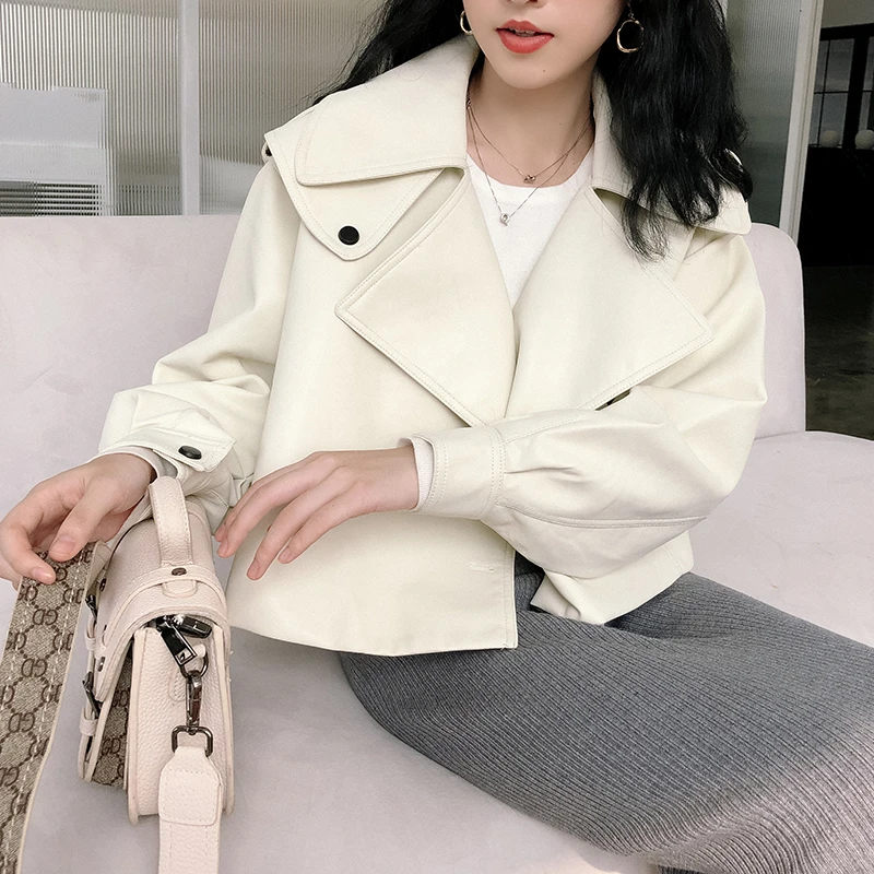 FMFSSOM Spring Autumn Loose Design Turn-Down Collar MotoBike Pu Leather Jacket Women Long Sleeve Turn-Down Collar