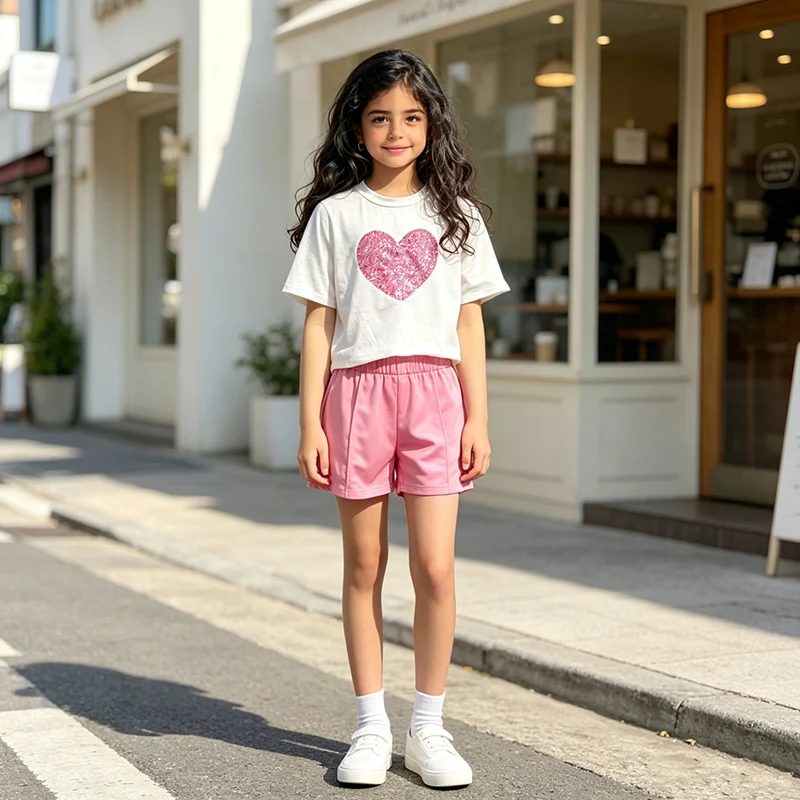 Girls 8‑12Y Summer 2‑Piece Set Glitter Heart Print Short‑Sleeve Top Elastic Waist Solid‑Color Shorts Kids Daily Casual Outfit