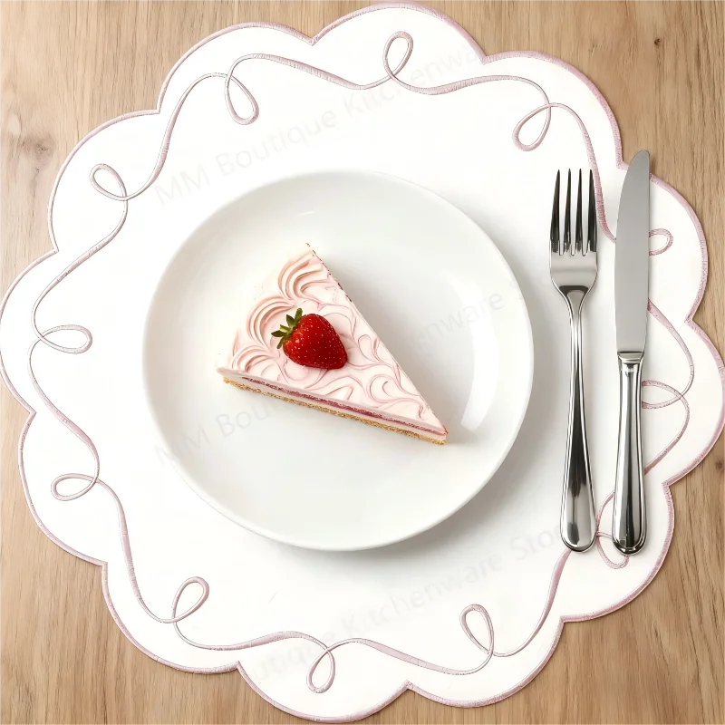 4pcs Cotton Fabric & Wave Embroidery Placemats Individual Table Plate Cloths For Kitchen Table Decoration&Accessories
