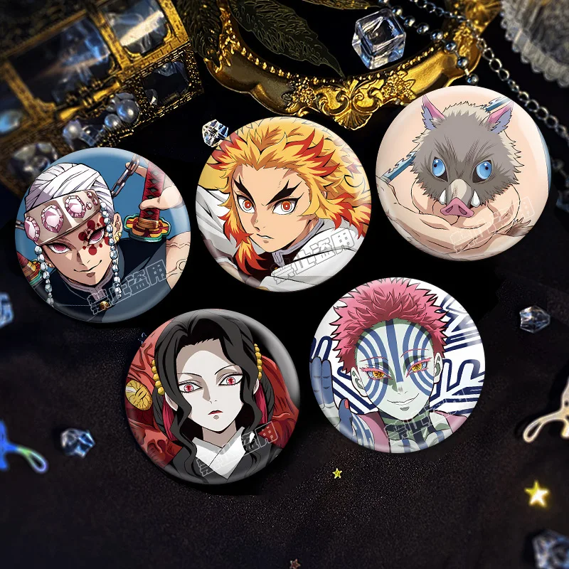 

58mm Anime Demon Slayer Metal Badge Pin Akaza Kibutsuji Muzan Agatsuma Zenitsu Kamado Nezuko Brooches for Backpack Clothes