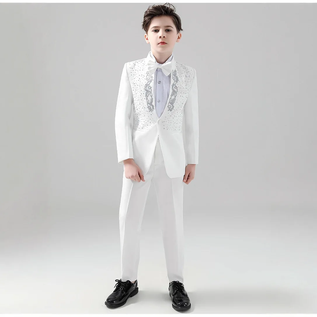 White Elegant Beaded 2-Piece Boys Tuxedo Set with Stand-up Collar for Wedding Ring Bearer Fashionable Party Outfit for Kids
