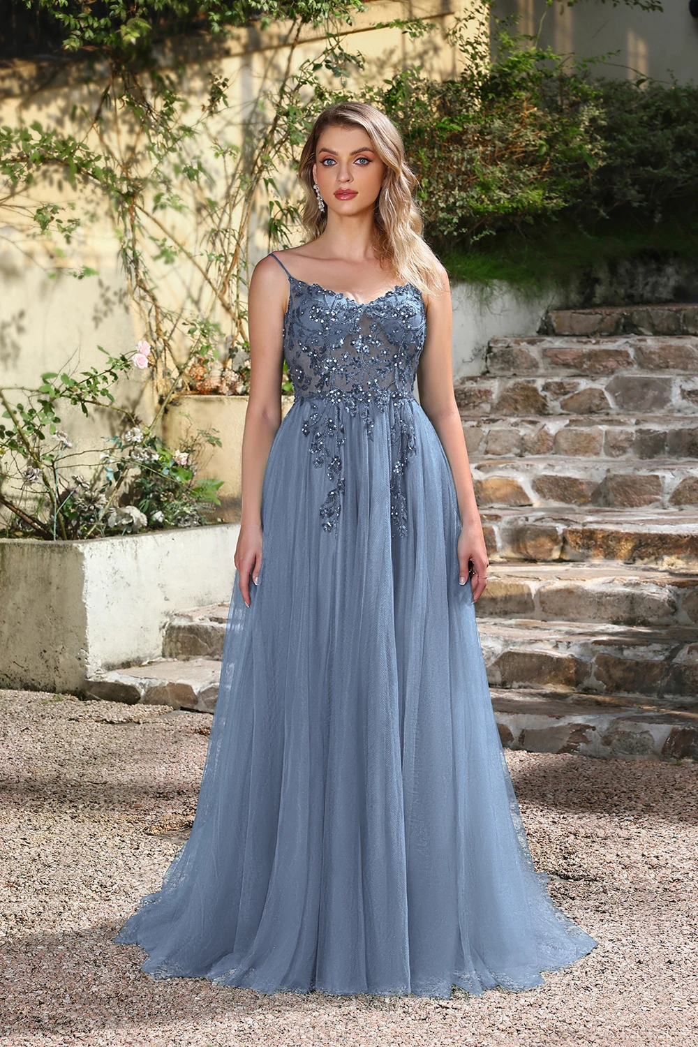 

Fairy Floral Embroidery Evening Dress Tulle Tierd Prom Dress Sexy Sequins Quinceanera Dress Spagetti Strapes Homecoming Dress