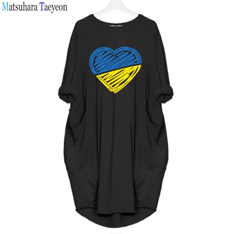 T-shirt Dress Vintage Ukraine Ukrainian Flag Autumn Women Dresses Pocket Long Sleeve Aesthetic Female Casual Graphic Clothes