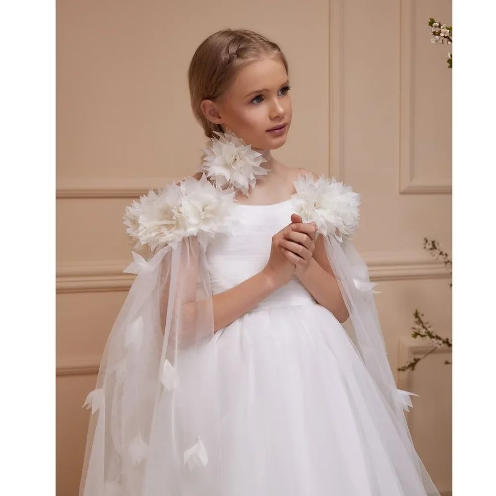 Elegant O-Neck Floral Girl Dresses with Cape Sleeves Cute Pageant Party Wedding Kids Gowns Floor Length A-Line Dress for Girls