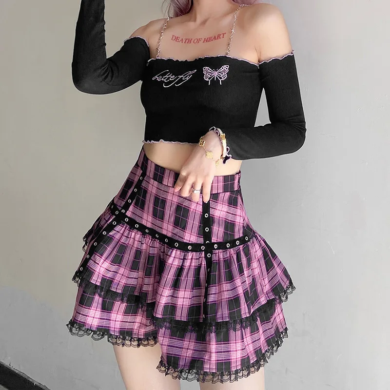 Gothic Purple Pink Plaid Pleated Skirt Japanese Harajuku Girls Punk Sweet Lace Kawaii Lolita Cake Mini Skirts Cosplay Costume