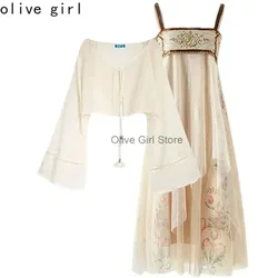 Women's Summer Suit 2023 Chinese Traditional Modified Hanfu Wear Sun-proof Chiffon Blouse Straps Dress Two-piece Set