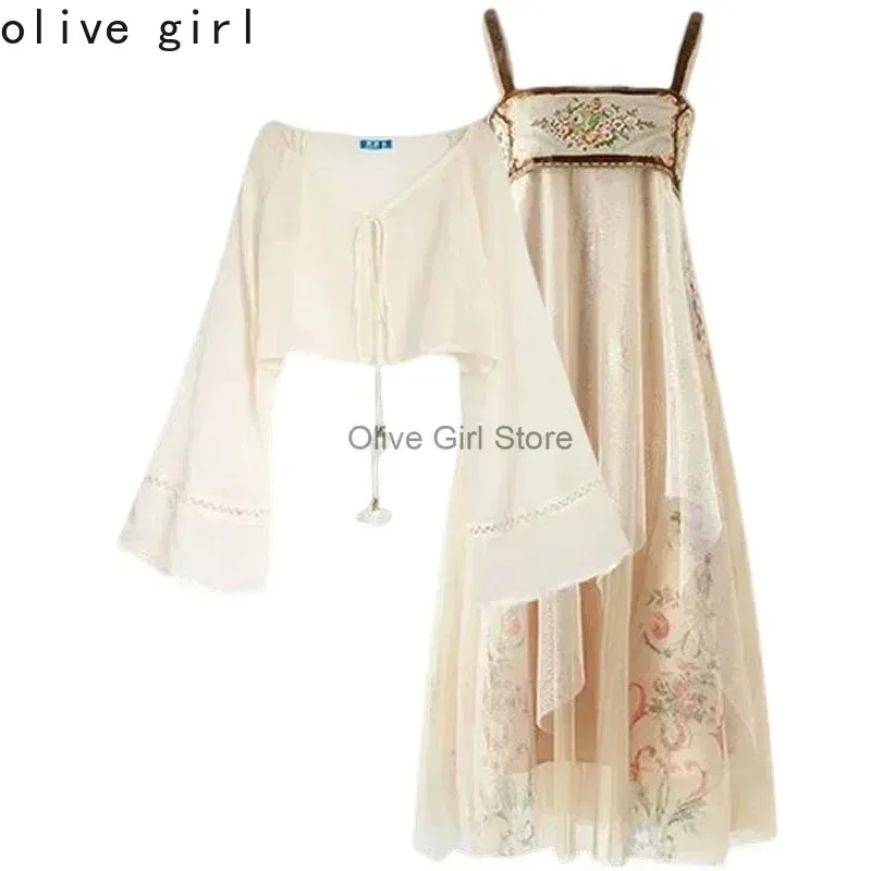 Women's Summer Suit 2023 Chinese Traditional Modified Hanfu Wear Sun-proof Chiffon Blouse Straps Dress Two-piece Set