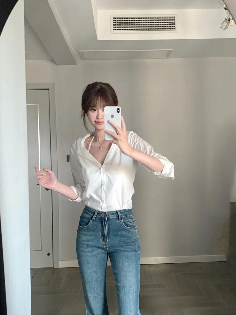 

CallmeEar Ruth's Design Large Collar Long Sve Women's irt ort Sle Summer White Cotton Pure Color Button Closure