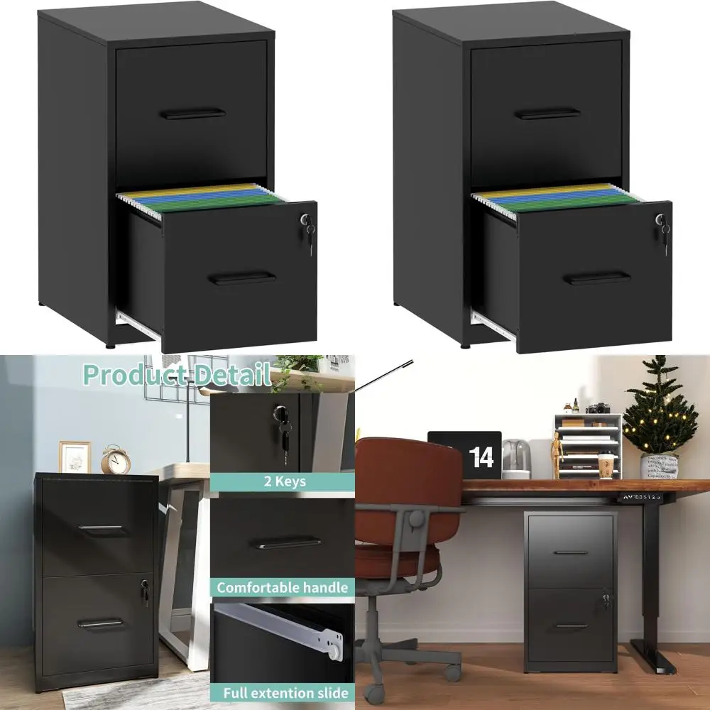 

18 Deep Metal Black 2-Drawer Lockable File Cabinet for Home Office, Vertical Storage for A4/Letter/Legal Files, Assembly Needed