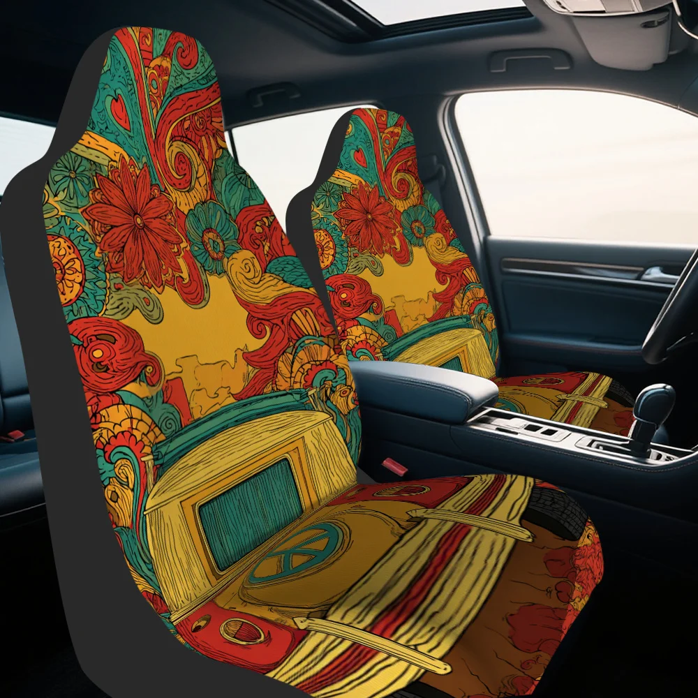 Set Of 2, Contemporary Vintage Hippie Van Psychedelic Artwork Car Seat Protectors, Cozy And Long-Lasting, Fits Most Cars, Perfec