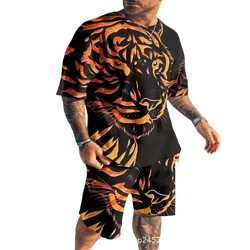 Ferocious Tiger Summer Tracksuit Set 3D Printed Casual Men's T-shirt Short Male Sportswear Short Sleeve 2 Pieces Clothing Outfit