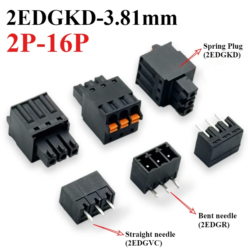 

1-50Sets screw-free terminal blocks 2EDGKD-3.81mm solder-free spring press type black plug+straight/bent needle 15EDGKD 2P-16P