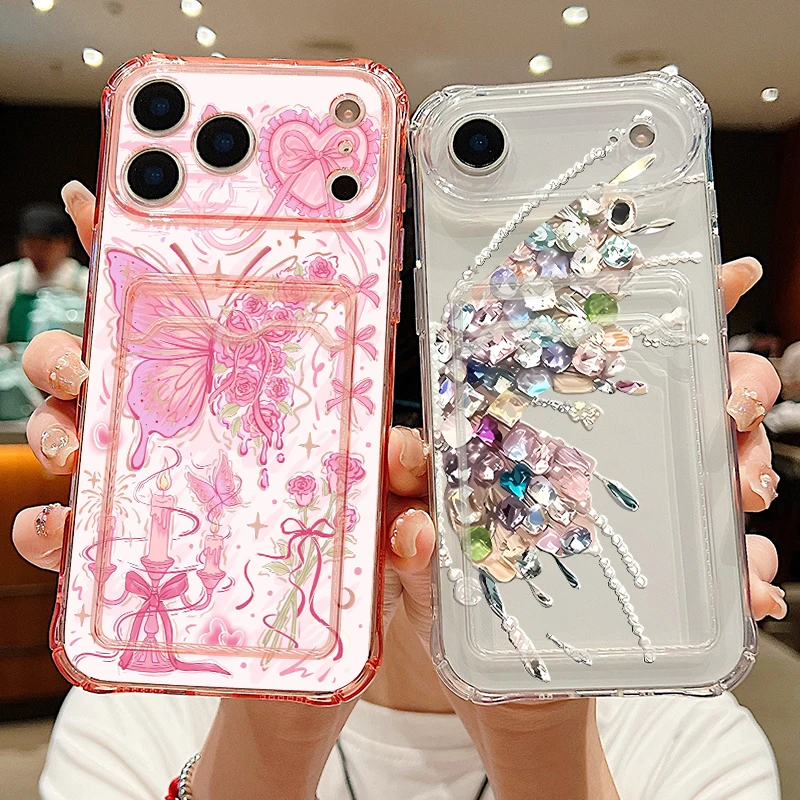 Étui transparent avec pochette pour cartes pour iPhone 17e 17 Pro Max 16 15 14 13 Pro Max 16e 11 – Coque souple en silicone avec magnifique imprimé papillon