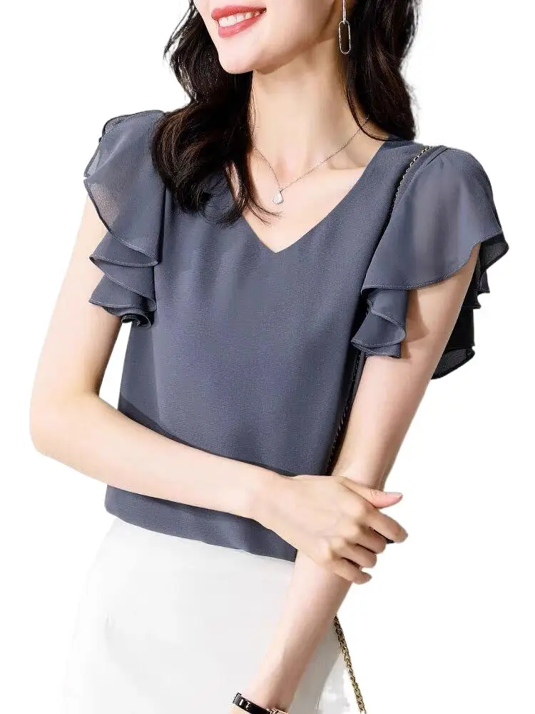 เสื้อชีฟองไซส์ใหญ่ ปี 2026 เสื้อผู้หญิง ชีฟอง บลูซาส์ เสื้อผู้หญิง แขนทรงปีกผีเสื้อ เสื้อผู้หญิงหรูหรา เสื้อทำงานสุภาพสตรี