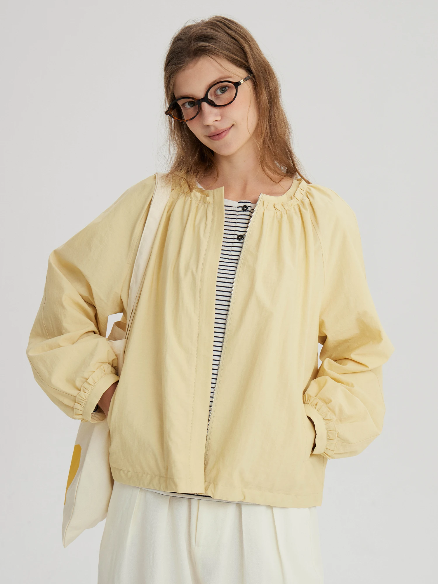 

Bruland Commute Simple Pure Color Long Sleeve Precise Wood Ear Outerwear Top Anti UV Cotton Nylon Blend round Neck Zipper