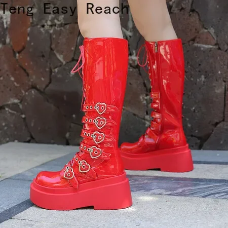 Women‘s Thick Bottom Motorcycle Boots Women Knee High Boots Autumn Winter Patent Women Lace-up Casual Boots Red Size 35-43