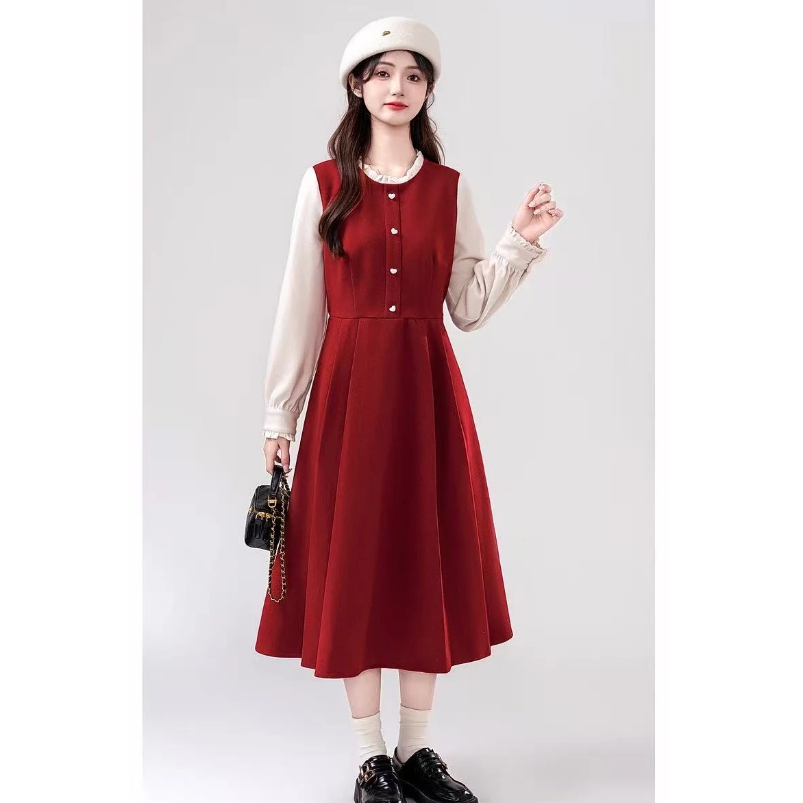 

Красная длинная юбка А-силуэта в стиле Хепберн с вставками, осенняя новинка, ретро, повседневная, с завышенной талией, из полиэфирного волокна, для офиса и повседневной носки