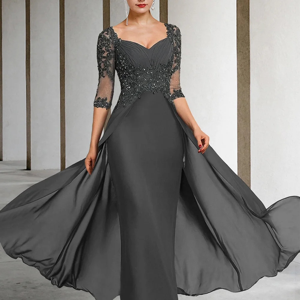 

Grey Mother of the Bride Dresses 2023 Sheath Elegant Wedding Guest Gowns Applique Beads Chiffon Dress Women For Wedding Party